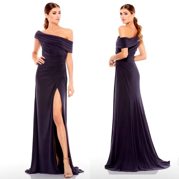 Ieena Mac Duggal Foldover Off the Shoulder Slit Gown Charcoal 26517 Size 14 NEW - Picture 1 of 5